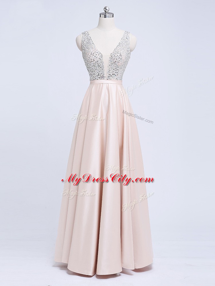 Champagne V-neck Backless Beading and Belt Womens Evening Dresses Sleeveless