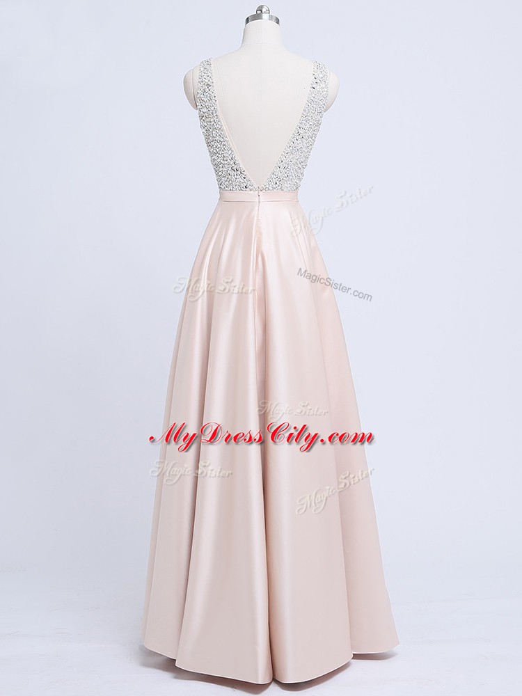 Champagne V-neck Backless Beading and Belt Womens Evening Dresses Sleeveless