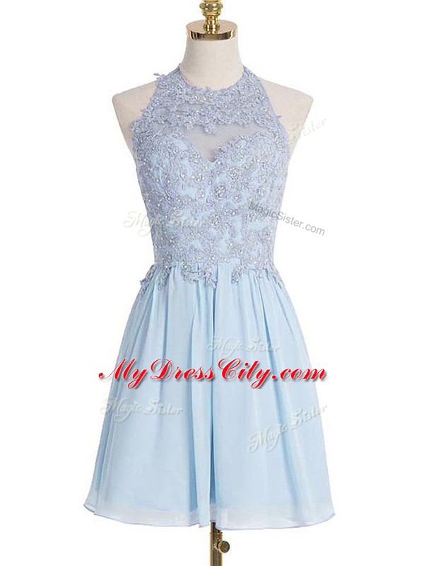 Light Blue Lace Up Wedding Party Dress Appliques Sleeveless Knee Length