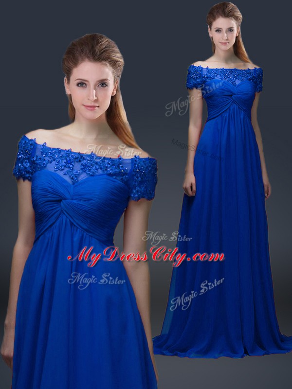 Fantastic Short Sleeves Lace Up Floor Length Appliques Mother of Groom Dress