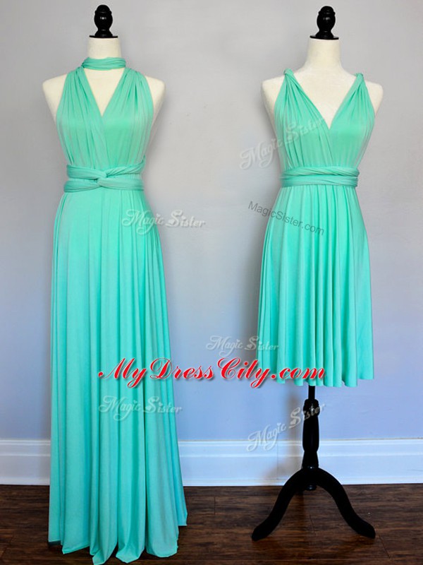 Unique Floor Length Turquoise Bridesmaids Dress V-neck Sleeveless Lace Up