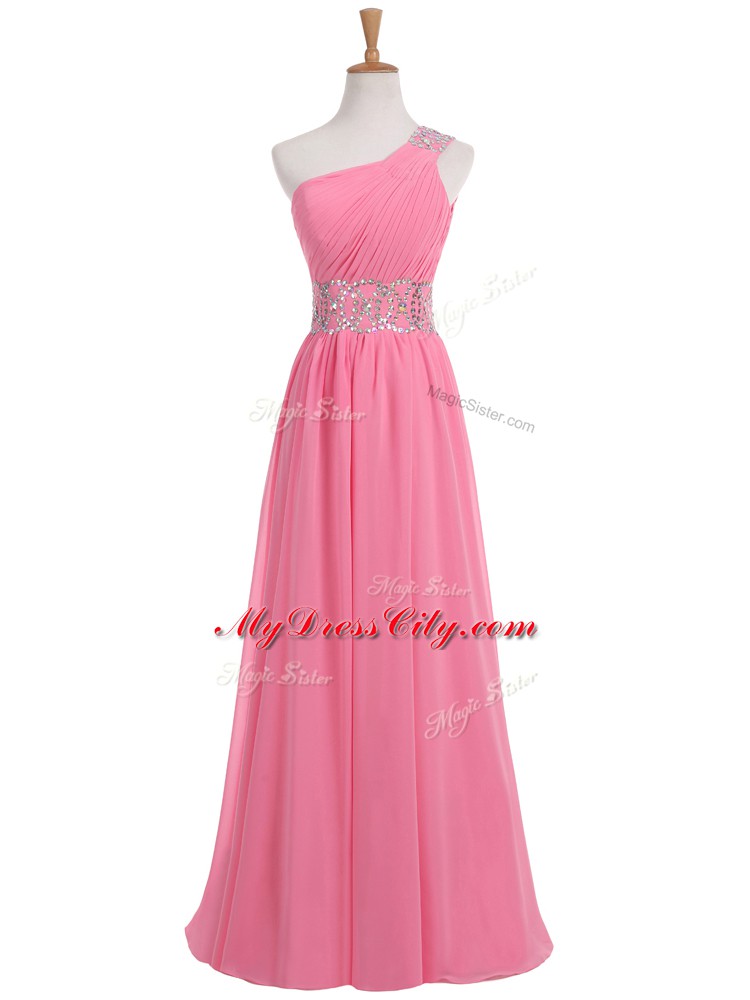 Fashion Rose Pink Evening Outfits Prom with Beading and Ruching One Shoulder Sleeveless Backless