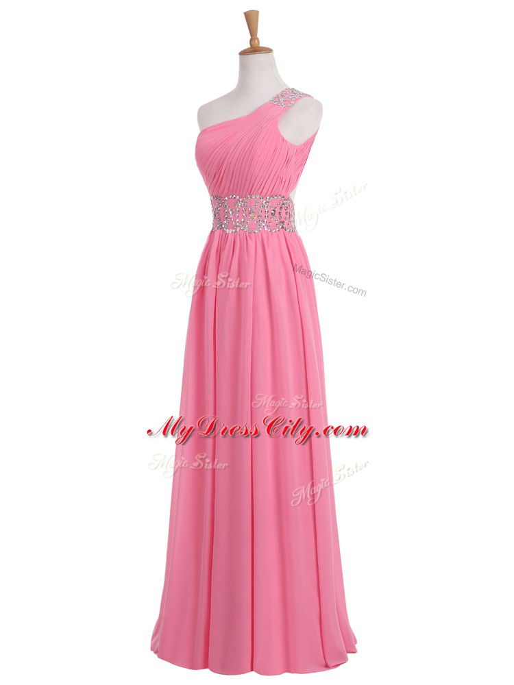 Fashion Rose Pink Evening Outfits Prom with Beading and Ruching One Shoulder Sleeveless Backless