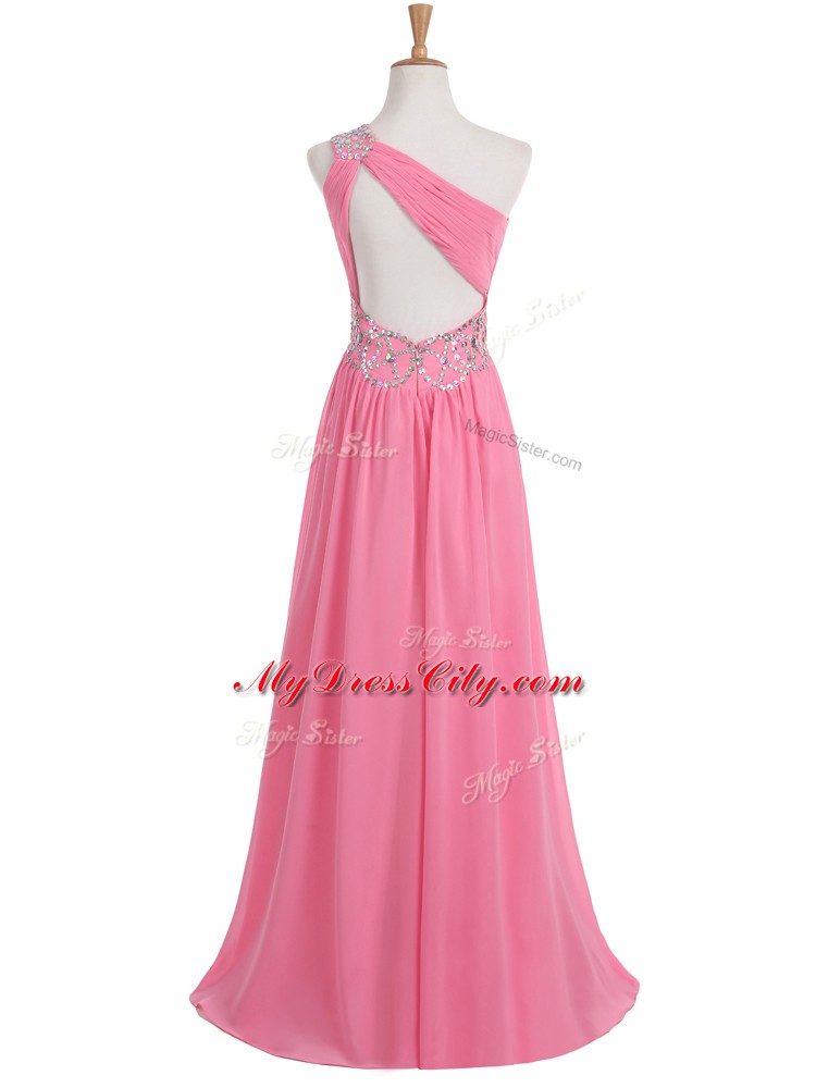 Fashion Rose Pink Evening Outfits Prom with Beading and Ruching One Shoulder Sleeveless Backless