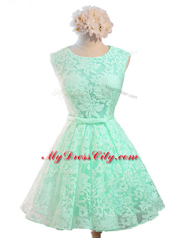 Sleeveless Lace Knee Length Lace Up Bridesmaids Dress in Apple Green with Belt