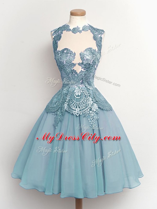 Nice Light Blue Wedding Guest Dresses Prom and Party and Wedding Party with Lace High-neck Sleeveless Lace Up