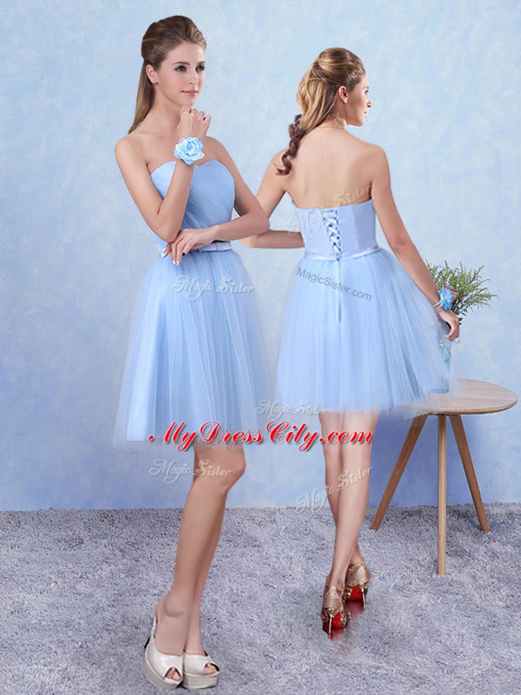 Blue Lace Up Bridesmaid Dress Ruching Sleeveless Knee Length