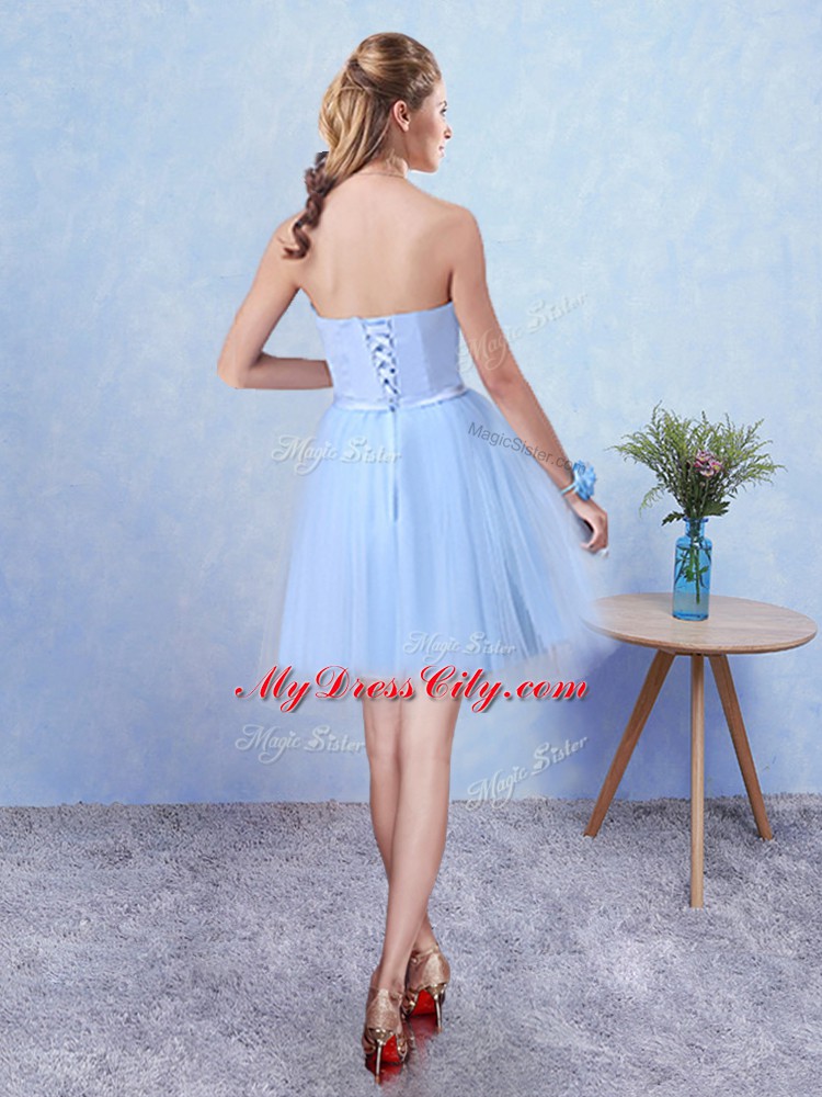 Blue Lace Up Bridesmaid Dress Ruching Sleeveless Knee Length