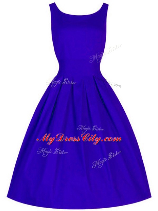 Blue A-line Taffeta Scoop Sleeveless Ruching Knee Length Lace Up Bridesmaid Dress