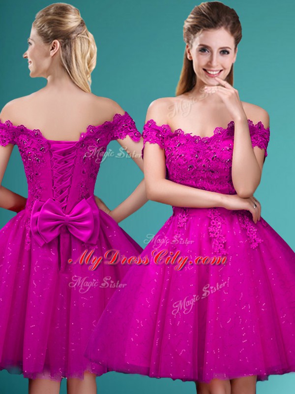 Custom Design Knee Length Fuchsia Wedding Party Dress Off The Shoulder Cap Sleeves Lace Up