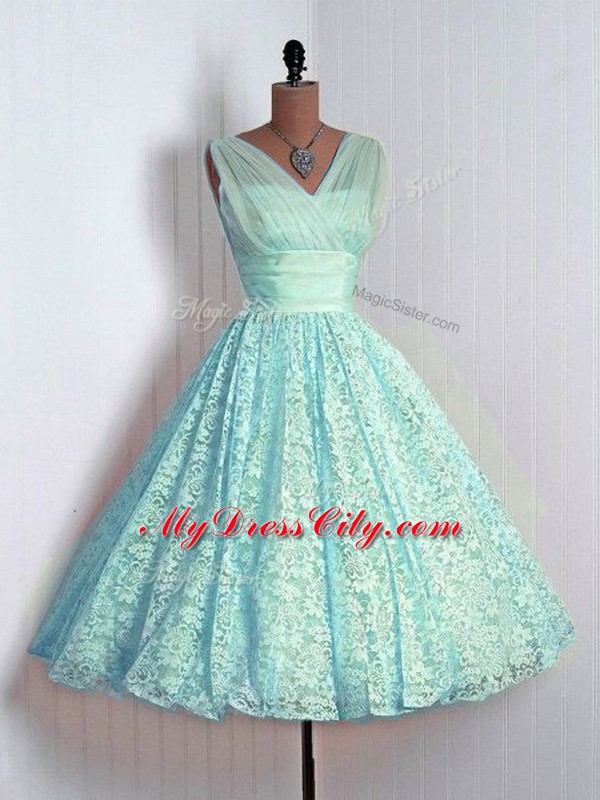 Mini Length Aqua Blue Bridesmaid Gown Lace Sleeveless Lace