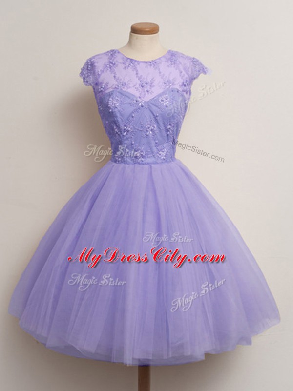 Comfortable Lace Wedding Party Dress Lavender Lace Up Cap Sleeves Knee Length