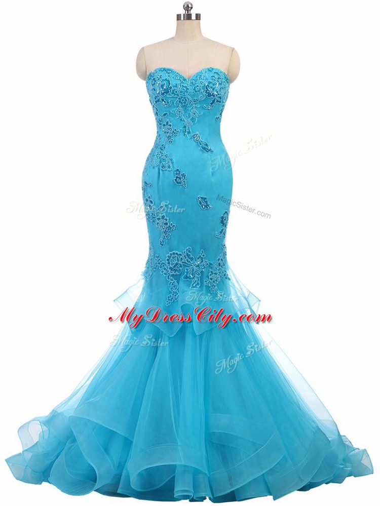 Aqua Blue Mermaid Appliques Dress for Prom Lace Up Tulle Sleeveless