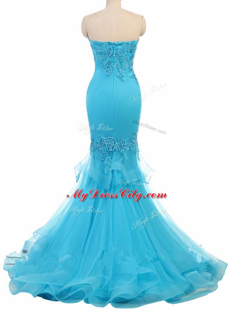 Aqua Blue Mermaid Appliques Dress for Prom Lace Up Tulle Sleeveless