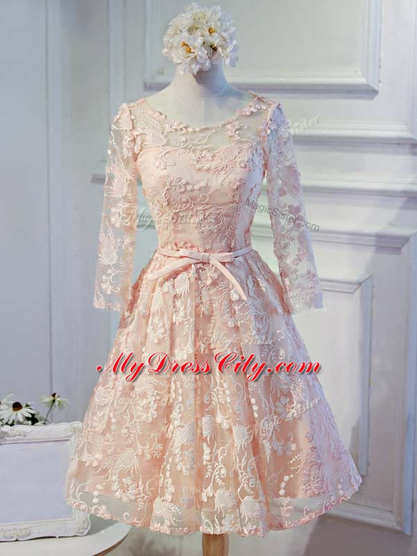 Modern Knee Length A-line Long Sleeves Peach Evening Dress Lace Up