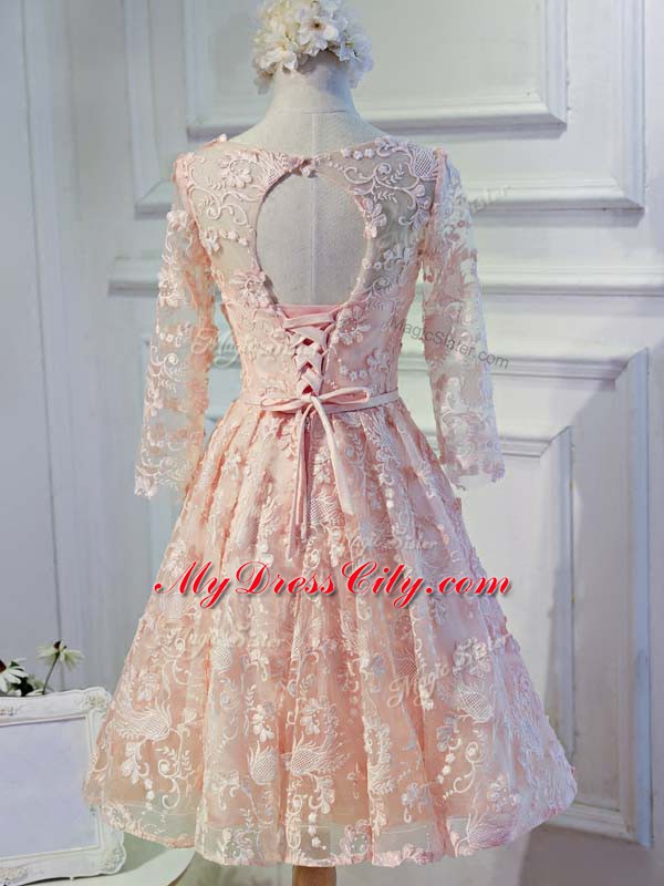 Modern Knee Length A-line Long Sleeves Peach Evening Dress Lace Up