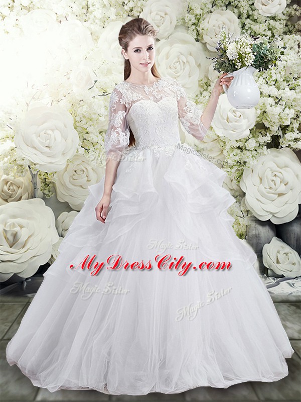 White Half Sleeves Brush Train Lace and Ruffles Wedding Dress