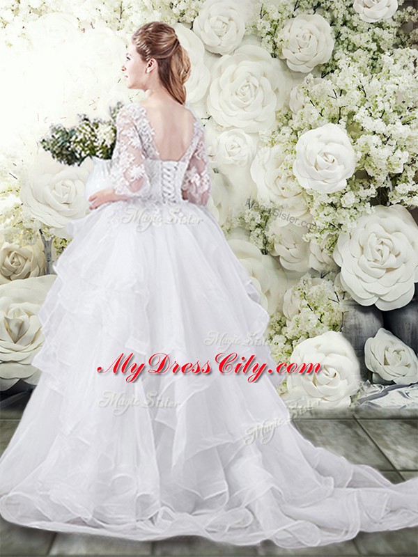 White Half Sleeves Brush Train Lace and Ruffles Wedding Dress