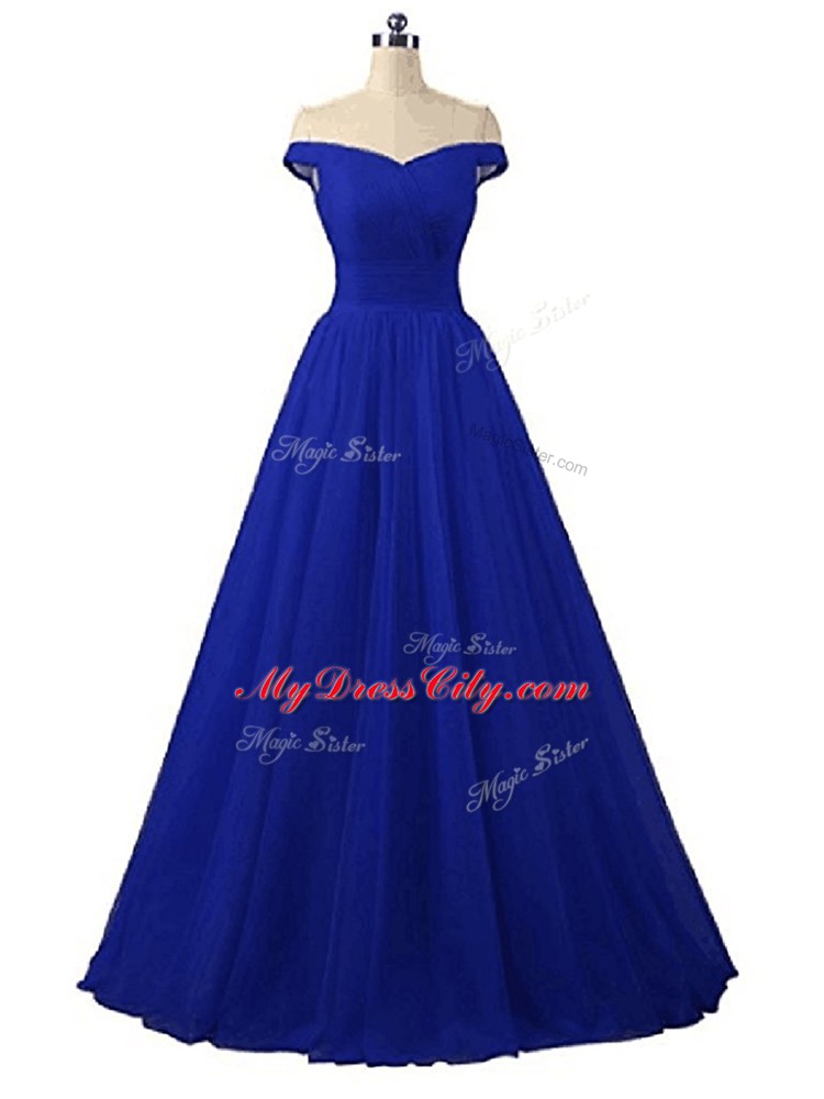 Charming Floor Length Royal Blue Tulle Sleeveless Ruching