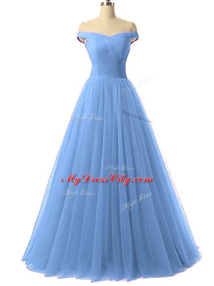 Charming Floor Length Royal Blue Tulle Sleeveless Ruching