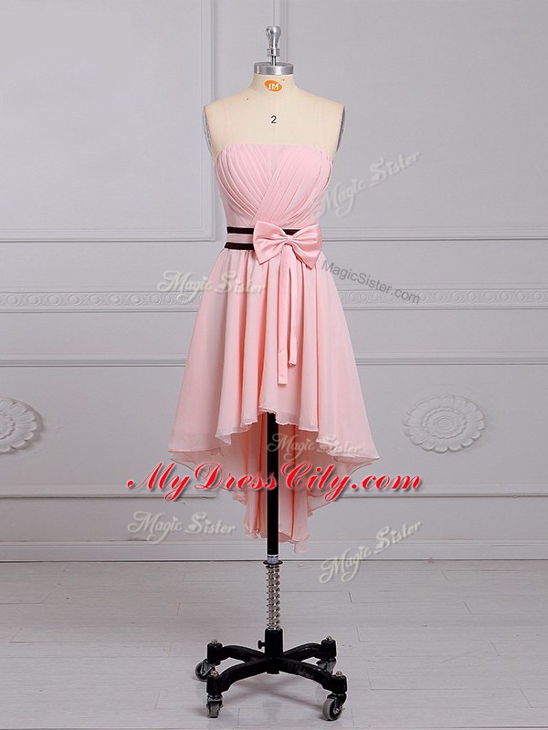 Customized Baby Pink Strapless Lace Up Ruching and Bowknot Quinceanera Court Dresses Sleeveless