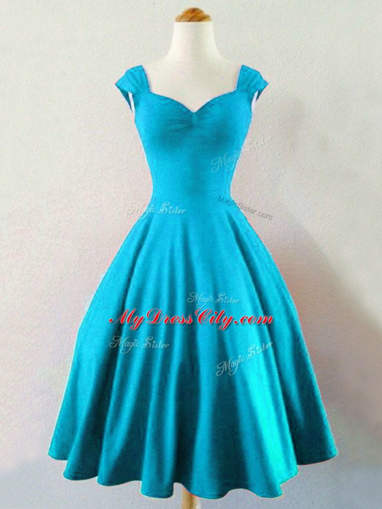 Ruching Bridesmaid Dress Baby Blue Lace Up Sleeveless Knee Length