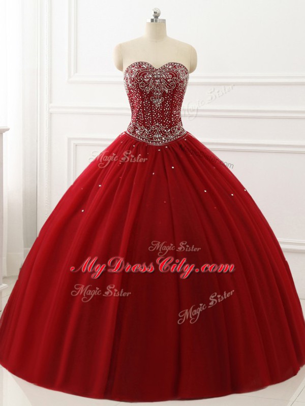 Delicate Wine Red Vestidos de Quinceanera Military Ball and Sweet 16 and Quinceanera with Beading Sweetheart Sleeveless Lace Up