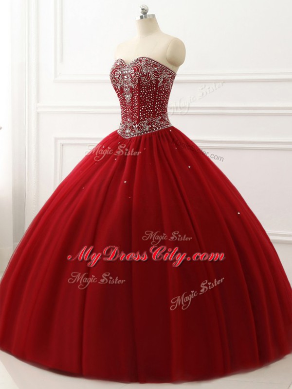 Delicate Wine Red Vestidos de Quinceanera Military Ball and Sweet 16 and Quinceanera with Beading Sweetheart Sleeveless Lace Up