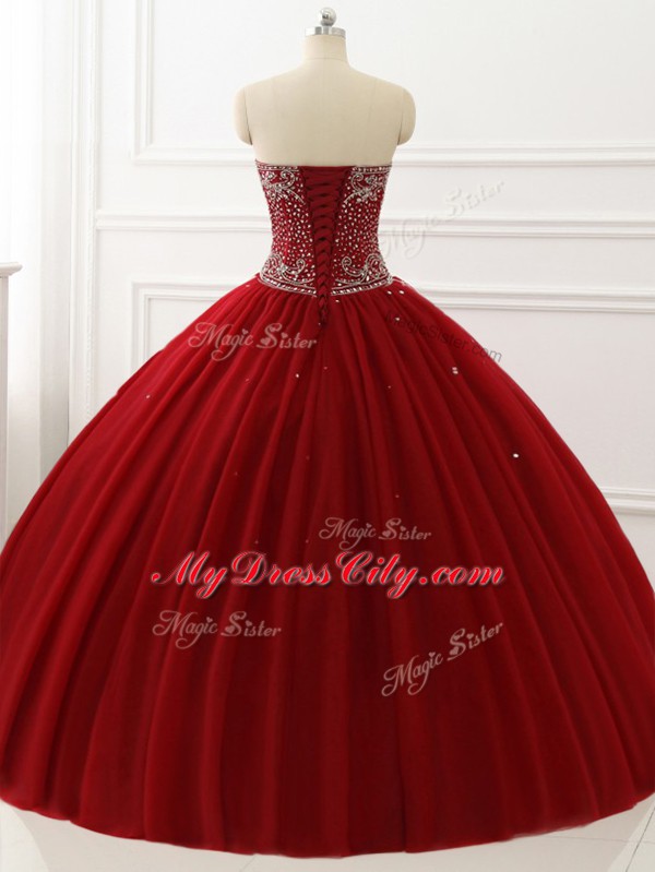 Delicate Wine Red Vestidos de Quinceanera Military Ball and Sweet 16 and Quinceanera with Beading Sweetheart Sleeveless Lace Up