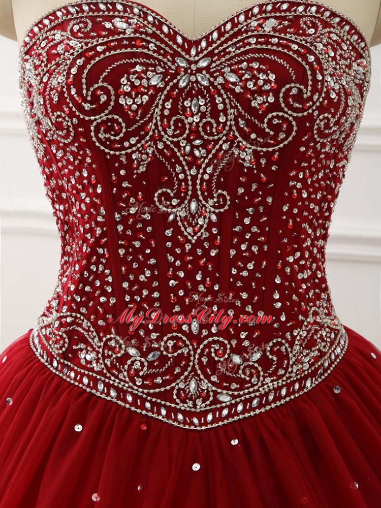 Delicate Wine Red Vestidos de Quinceanera Military Ball and Sweet 16 and Quinceanera with Beading Sweetheart Sleeveless Lace Up