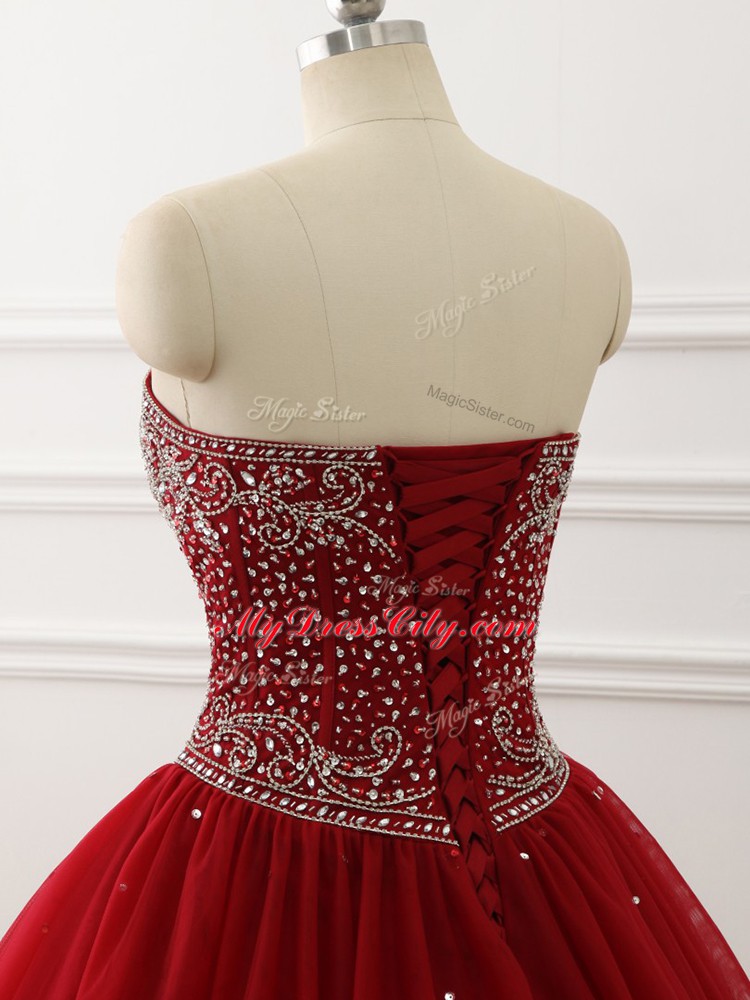 Delicate Wine Red Vestidos de Quinceanera Military Ball and Sweet 16 and Quinceanera with Beading Sweetheart Sleeveless Lace Up