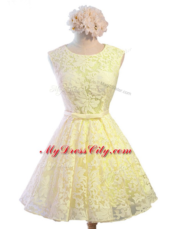 Beauteous A-line Bridesmaids Dress Yellow Scoop Lace Sleeveless Knee Length Lace Up