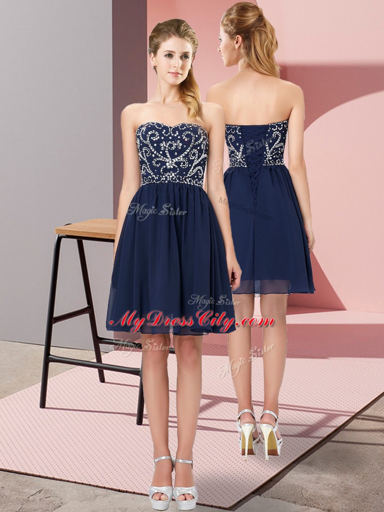 Cheap Navy Blue Empire Sweetheart Sleeveless Chiffon Mini Length Lace Up Beading Casual Dresses