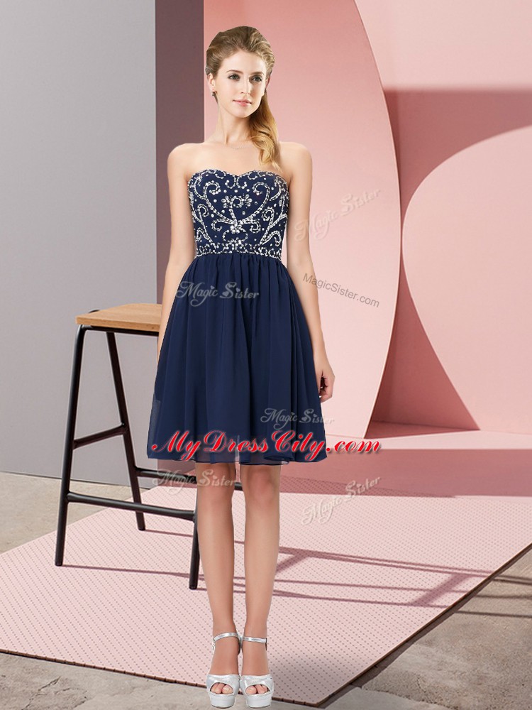 Cheap Navy Blue Empire Sweetheart Sleeveless Chiffon Mini Length Lace Up Beading Casual Dresses