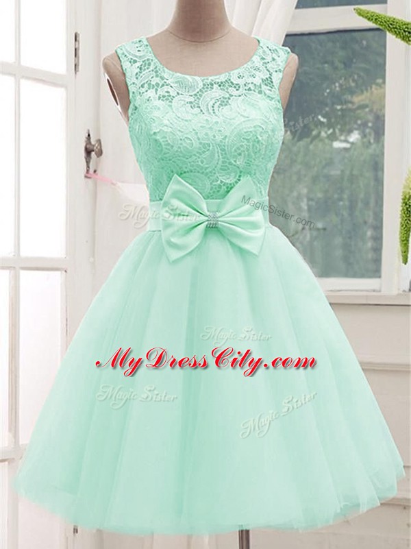 Customized Apple Green A-line Lace and Bowknot Damas Dress Lace Up Tulle Sleeveless Knee Length