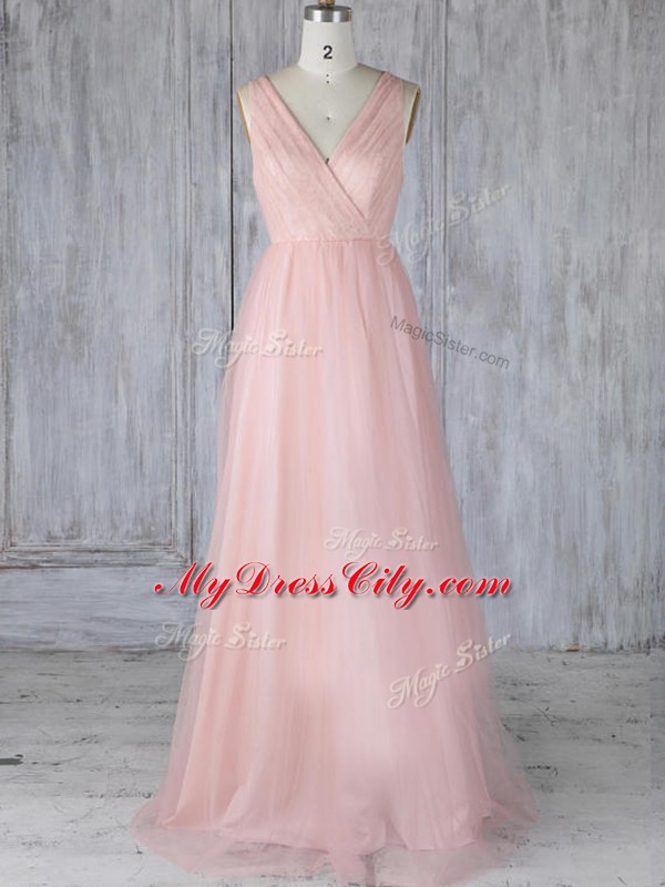 Custom Fit Baby Pink Tulle Zipper V-neck Sleeveless Floor Length Bridesmaid Dress Lace