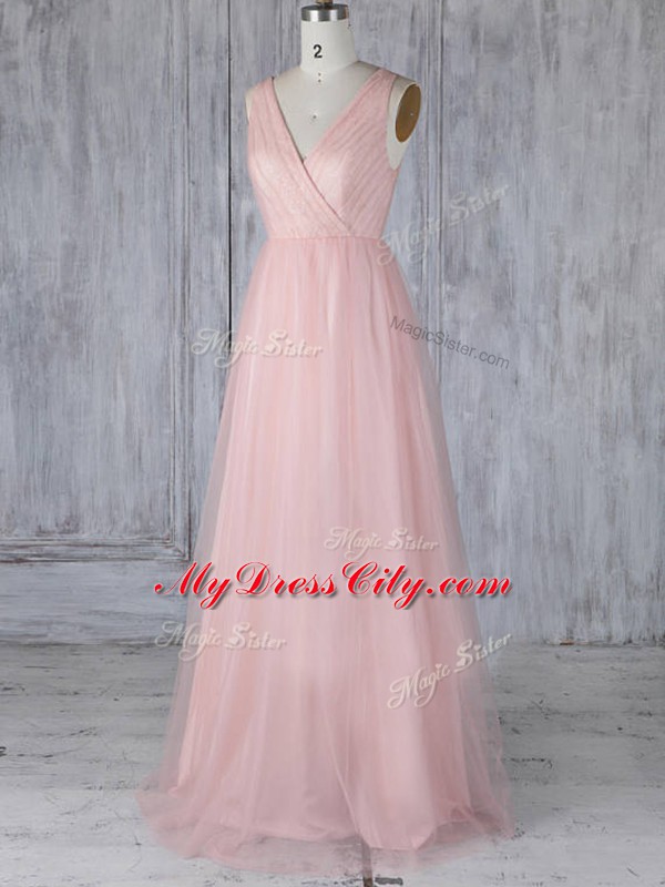 Custom Fit Baby Pink Tulle Zipper V-neck Sleeveless Floor Length Bridesmaid Dress Lace