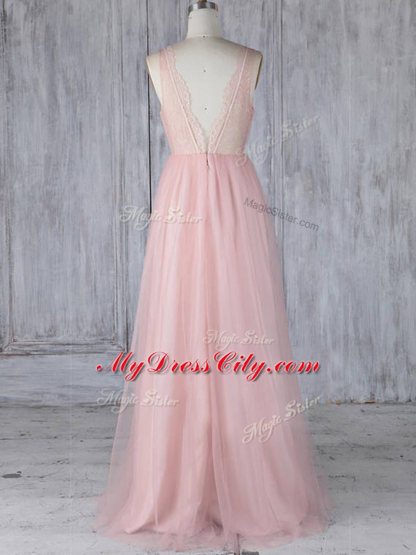 Custom Fit Baby Pink Tulle Zipper V-neck Sleeveless Floor Length Bridesmaid Dress Lace