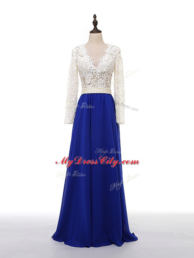 Chiffon V-neck Long Sleeves Zipper Lace and Appliques Mother of the Bride Dress in Blue And White