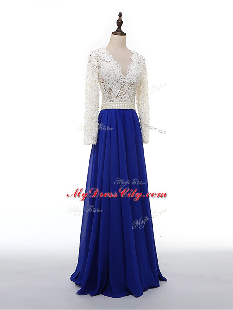 Chiffon V-neck Long Sleeves Zipper Lace and Appliques Mother of the Bride Dress in Blue And White