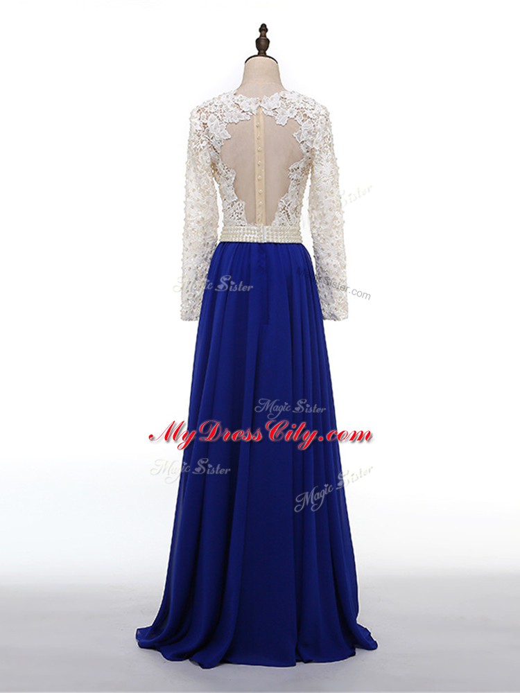 Chiffon V-neck Long Sleeves Zipper Lace and Appliques Mother of the Bride Dress in Blue And White