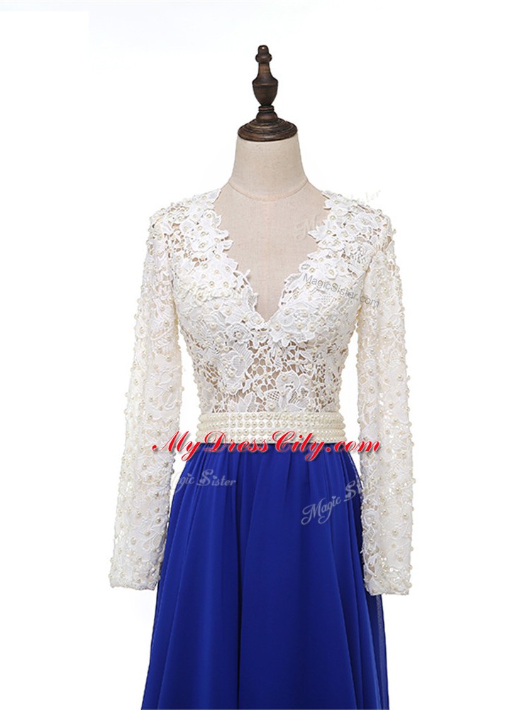 Chiffon V-neck Long Sleeves Zipper Lace and Appliques Mother of the Bride Dress in Blue And White