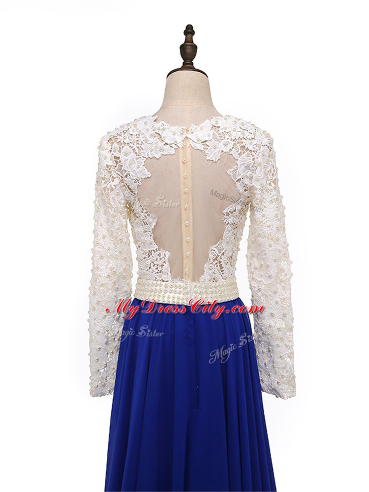 Chiffon V-neck Long Sleeves Zipper Lace and Appliques Mother of the Bride Dress in Blue And White