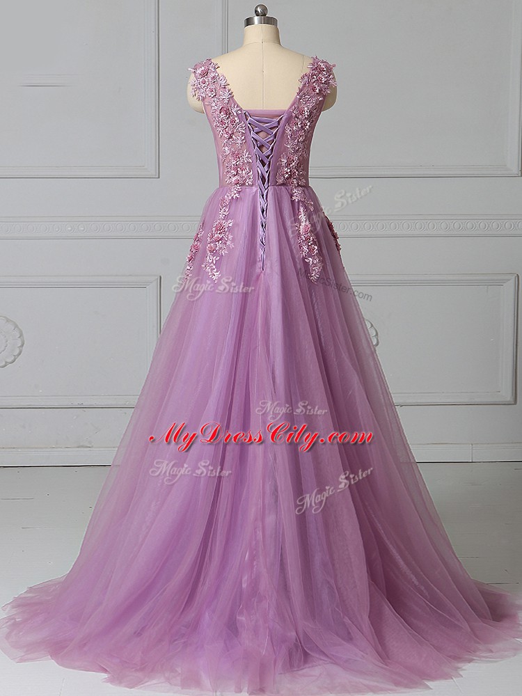 Brush Train Empire Prom Dress Lilac Scoop Tulle Sleeveless Lace Up