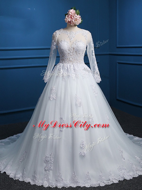 White Scoop Zipper Lace and Appliques Wedding Dresses Court Train Long Sleeves