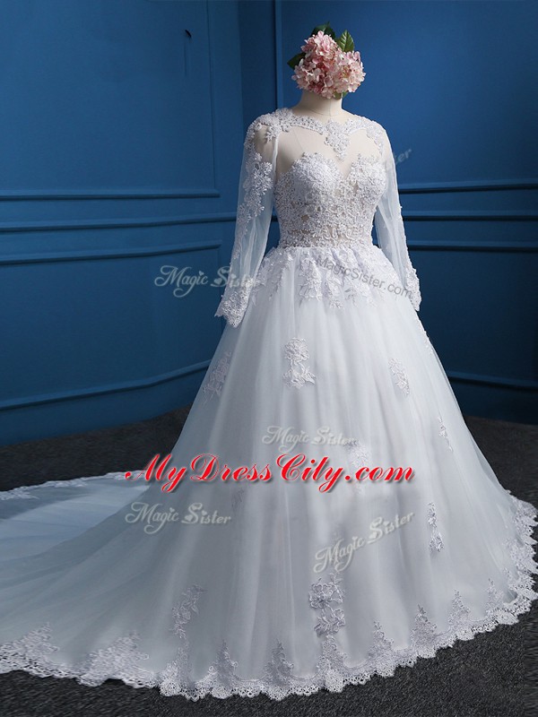 White Scoop Zipper Lace and Appliques Wedding Dresses Court Train Long Sleeves