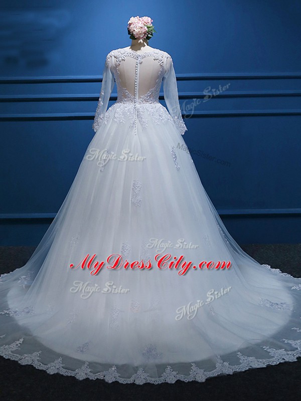 White Scoop Zipper Lace and Appliques Wedding Dresses Court Train Long Sleeves