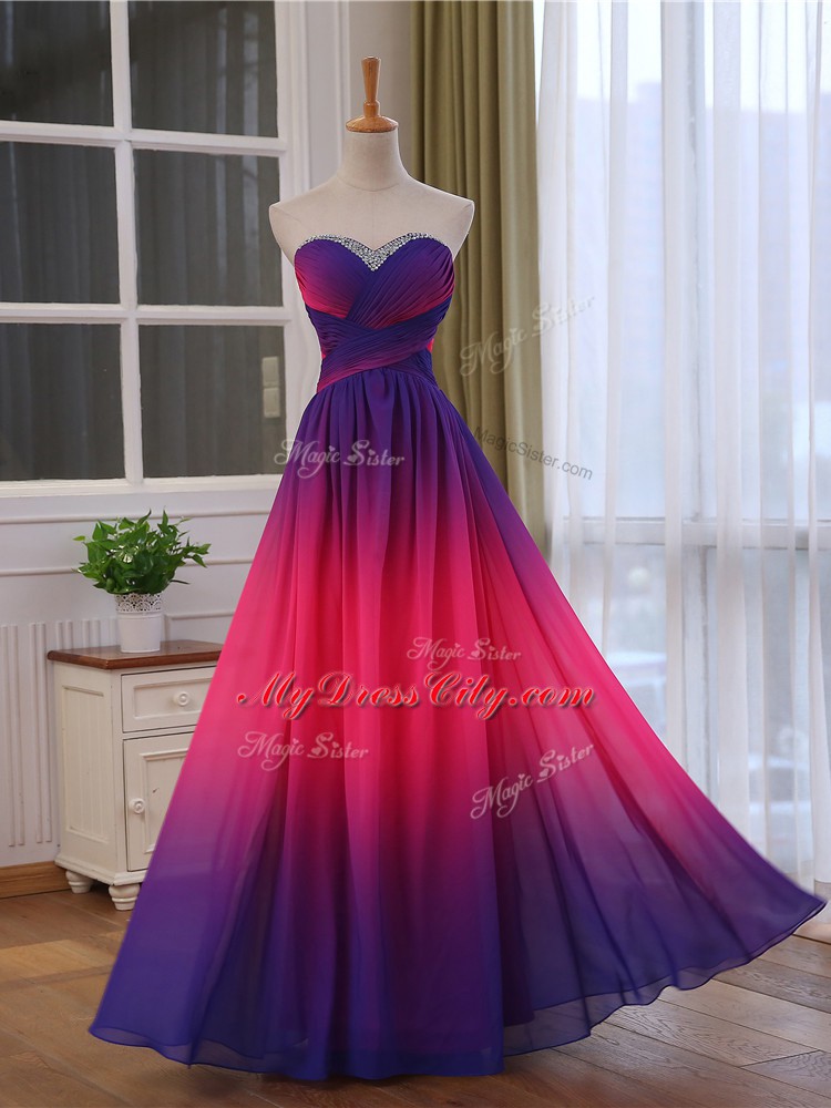 Multi-color Empire Sweetheart Sleeveless Chiffon and Printed Floor Length Lace Up Beading and Ruching Evening Wear