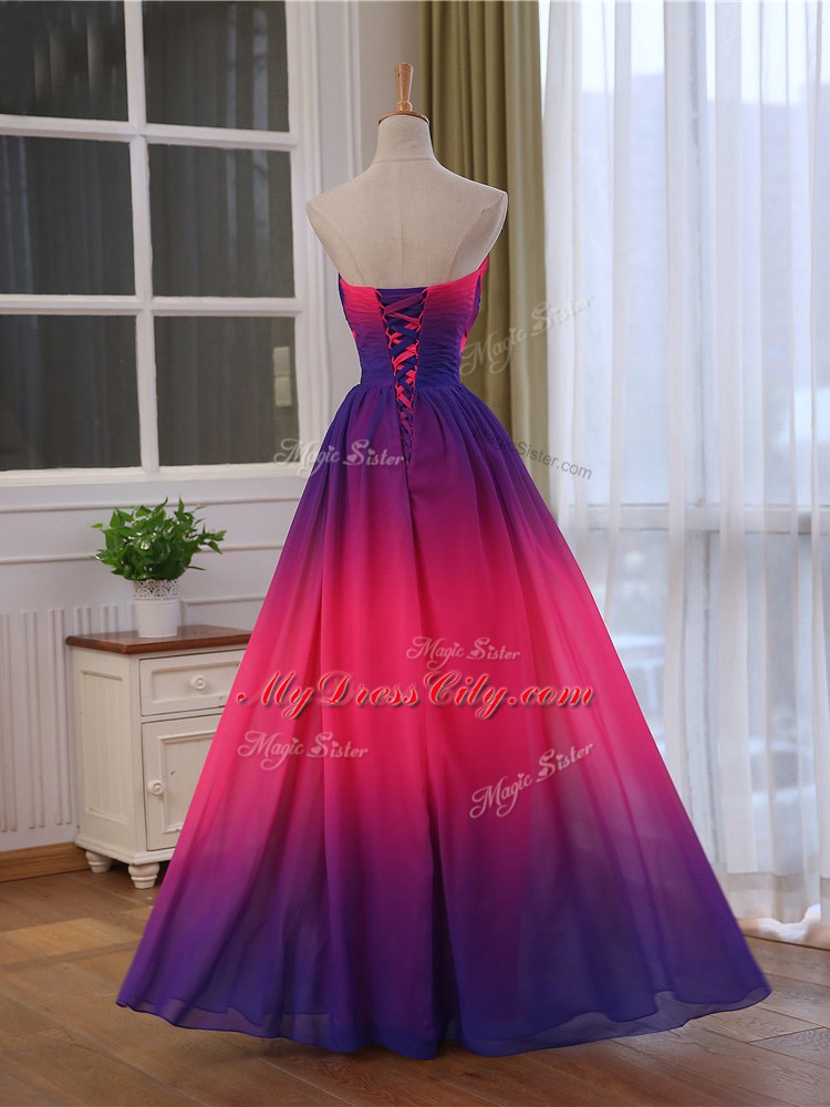 Multi-color Empire Sweetheart Sleeveless Chiffon and Printed Floor Length Lace Up Beading and Ruching Evening Wear