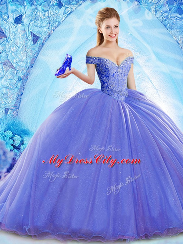 Brush Train Ball Gowns Quinceanera Gowns Blue Off The Shoulder Organza Sleeveless Lace Up